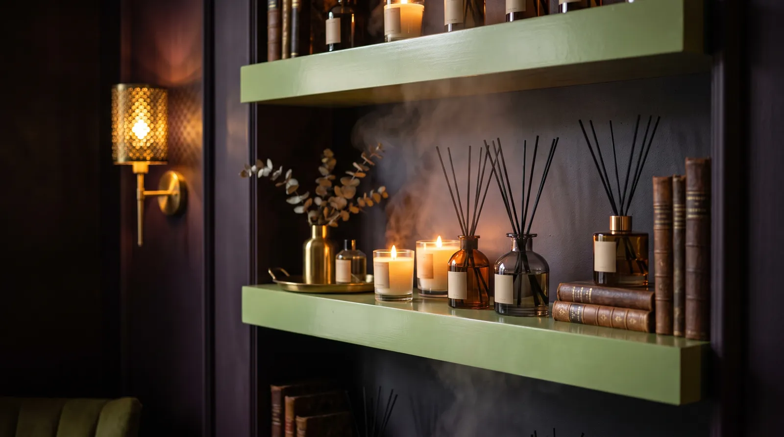 Candles and reed diffusers on the shop's green shelves